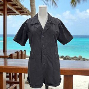 Zenana‎ Utility Romper Dark Brown Cotton Button Front Short Sleeve Jumpsuit XL